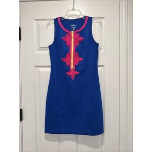 Lilly Pulitzer Mila Shift Dress XS Blue with Pink Embroidery (read‎ description)